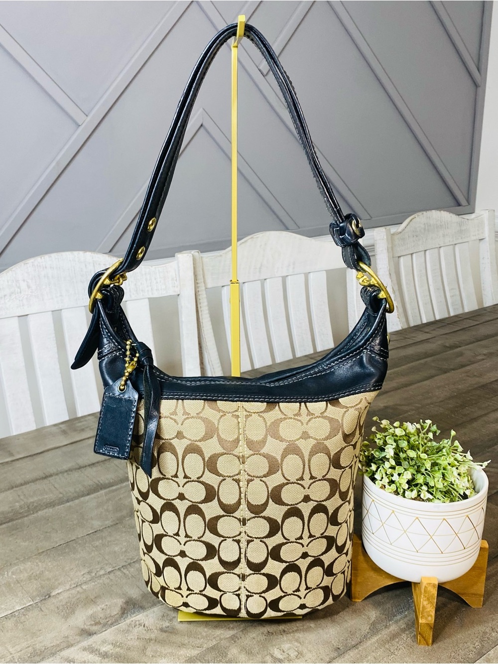 Vintage Coach Bleecker Signature Canvas Bucket Bag Dark Leather Trim 11437 Hobo